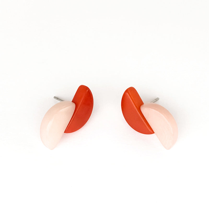 Asymmetric and contrasting colour earring studs made with handmade tagua nut beads