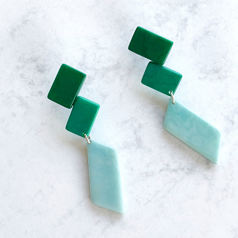 Architectonic and Colourful, long, dangling earrings made with handmade tagua nut beads, inspired by Nasjonal Museet Oslo