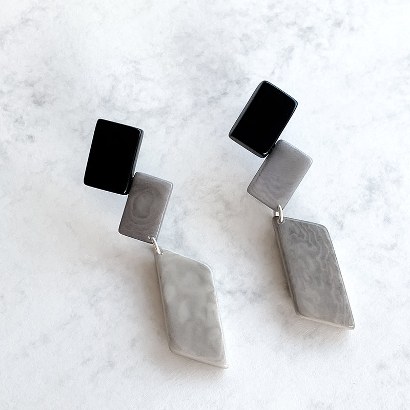 Architectonic and Colourful, long, dangling earrings made with handmade tagua nut beads, inspired by Nasjonal Museet Oslo