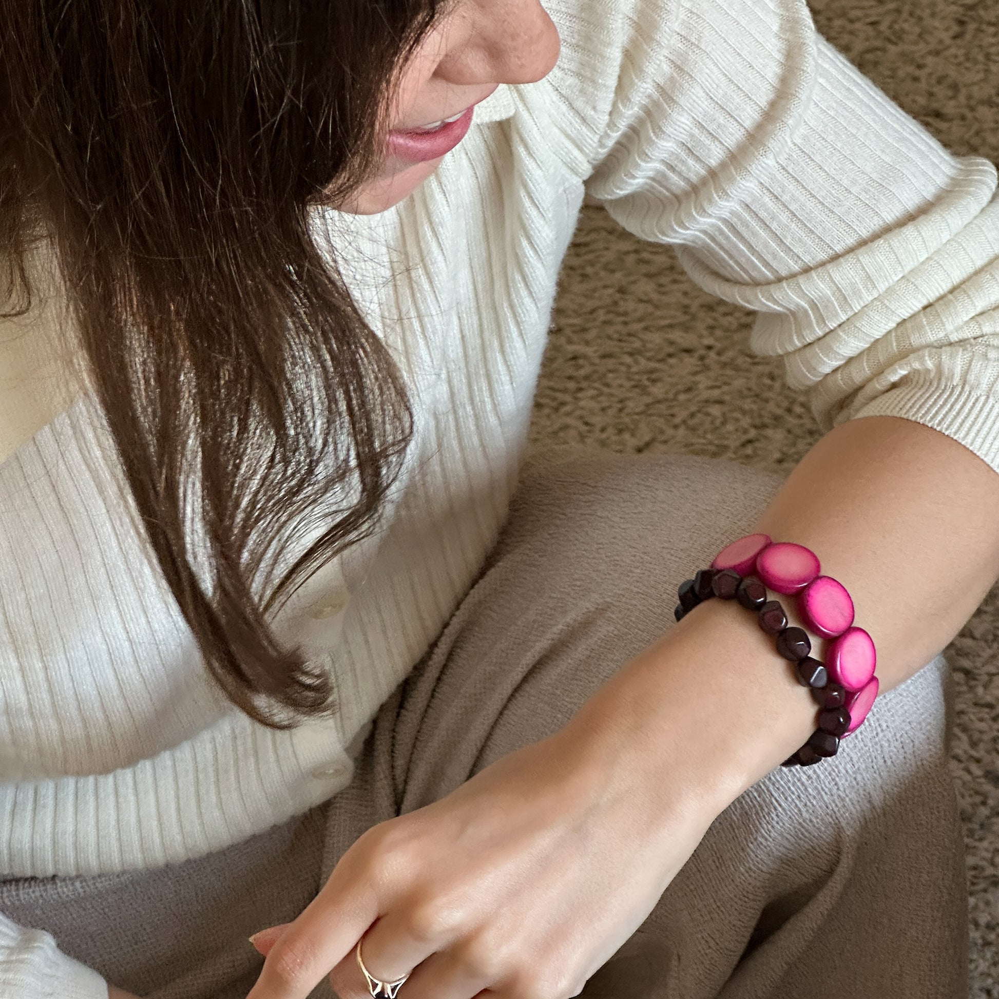 Modern colourful and organic design bracelets, made with sustainable tagua nut / vegetable ivory