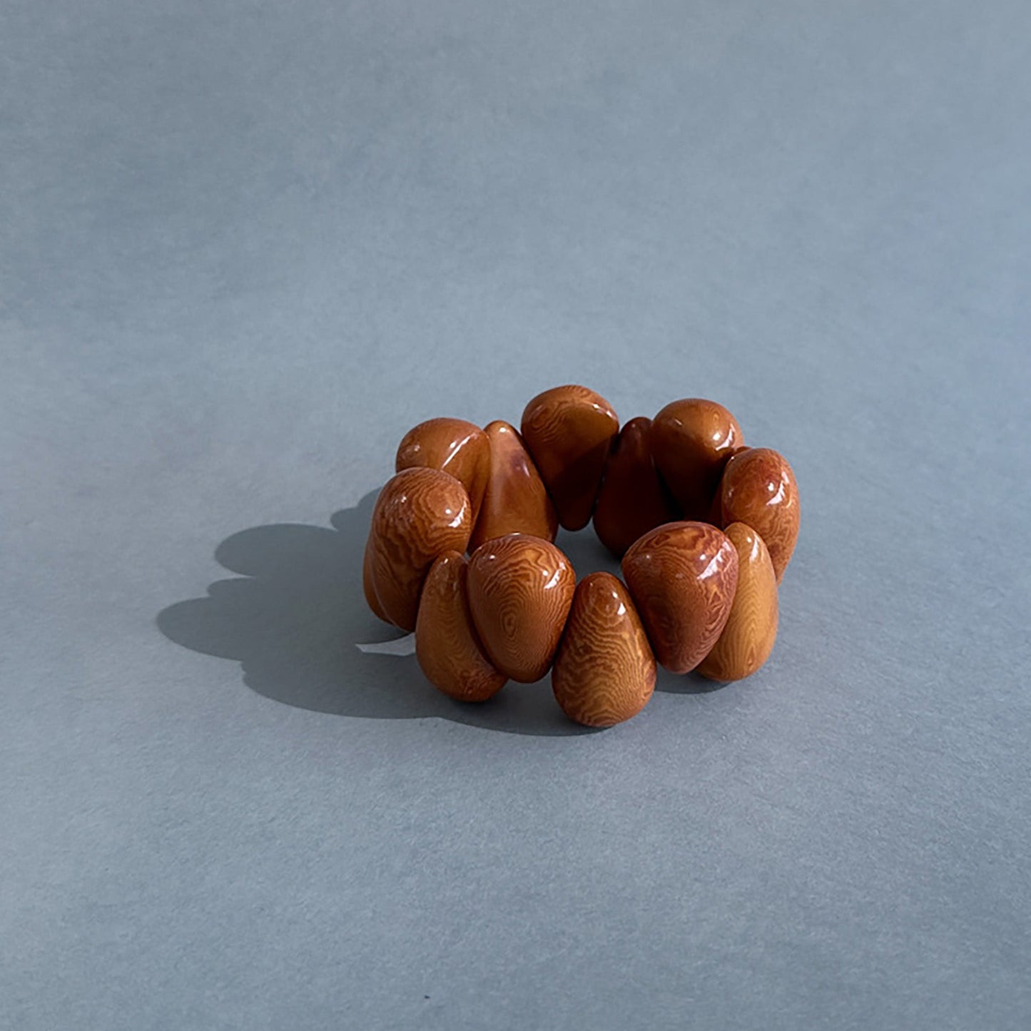 Brown beaded tagua nut bracelet on a light blue background