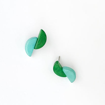 Asymmetric and contrasting colour earring studs made with handmade tagua nut beads