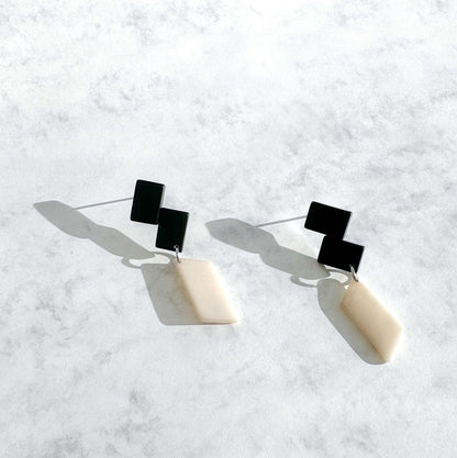 Architectonic and Colourful, long, dangling earrings made with handmade tagua nut beads, inspired by Nasjonal Museet Oslo