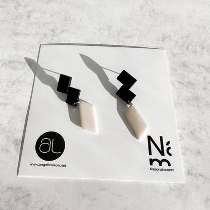 Architectonic and Colourful, long, dangling earrings made with handmade tagua nut beads, inspired by Nasjonal Museet Oslo