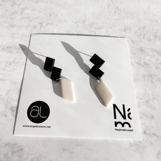 Architectonic and Colourful, long, dangling earrings made with handmade tagua nut beads, inspired by Nasjonal Museet Oslo