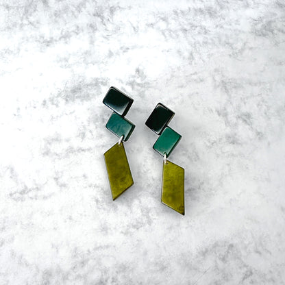Architectonic and Colourful, long, dangling earrings made with handmade tagua nut beads, inspired by Nasjonal Museet Oslo