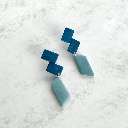 Architectonic and Colourful, long, dangling earrings made with handmade tagua nut beads, inspired by Nasjonal Museet Oslo