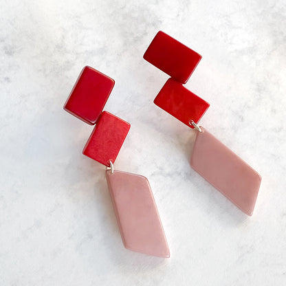 Architectonic and Colourful, long, dangling earrings made with handmade tagua nut beads, inspired by Nasjonal Museet Oslo